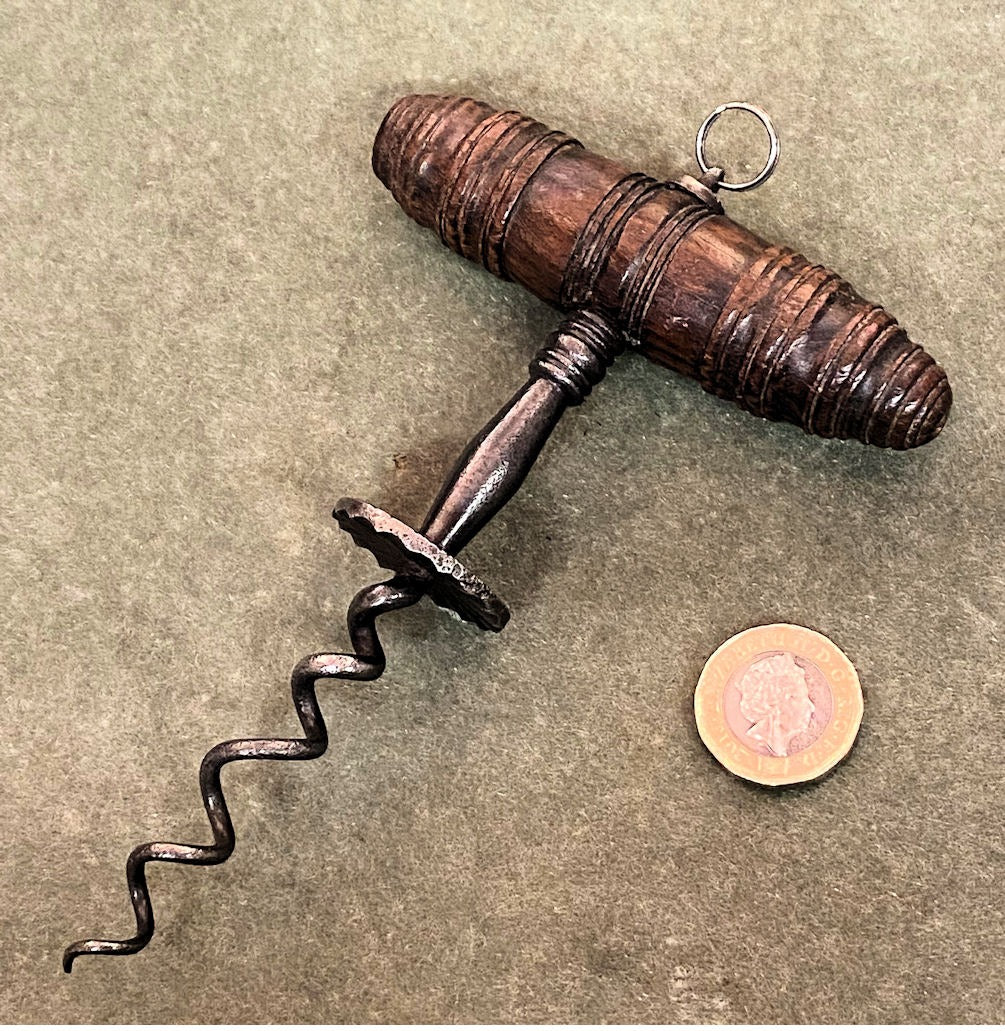 Walnut Handled Corkscrew — Steel, late 19th century