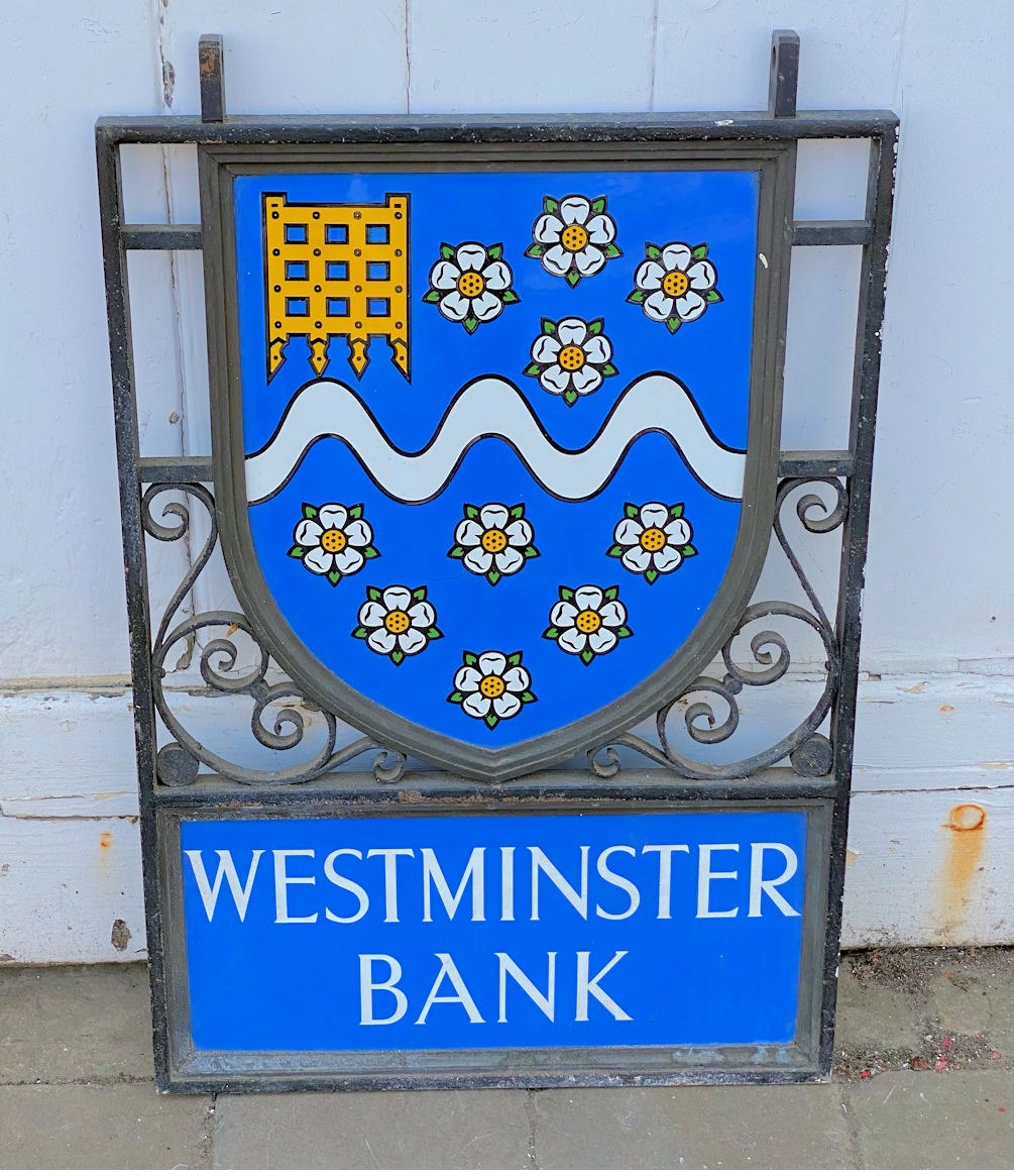 Westminster Bank Double Sided Hanging Sign — Enamel, 1920's