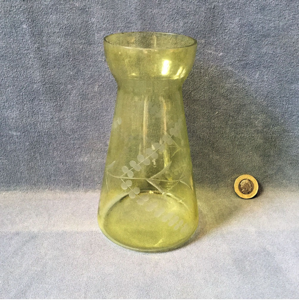 Yellow Engraved Glass Hyacinth Vase — Glass, 1920's